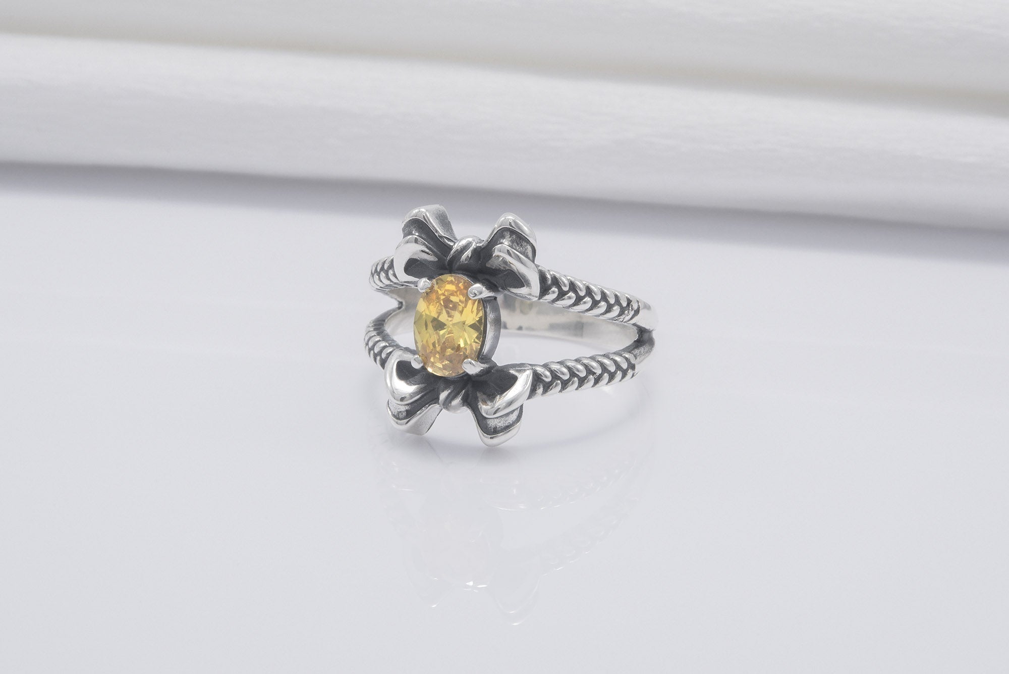 Unique Bow Sterling Silver Ring With Yellow Gem, Handmade Jewelry - vikingworkshop