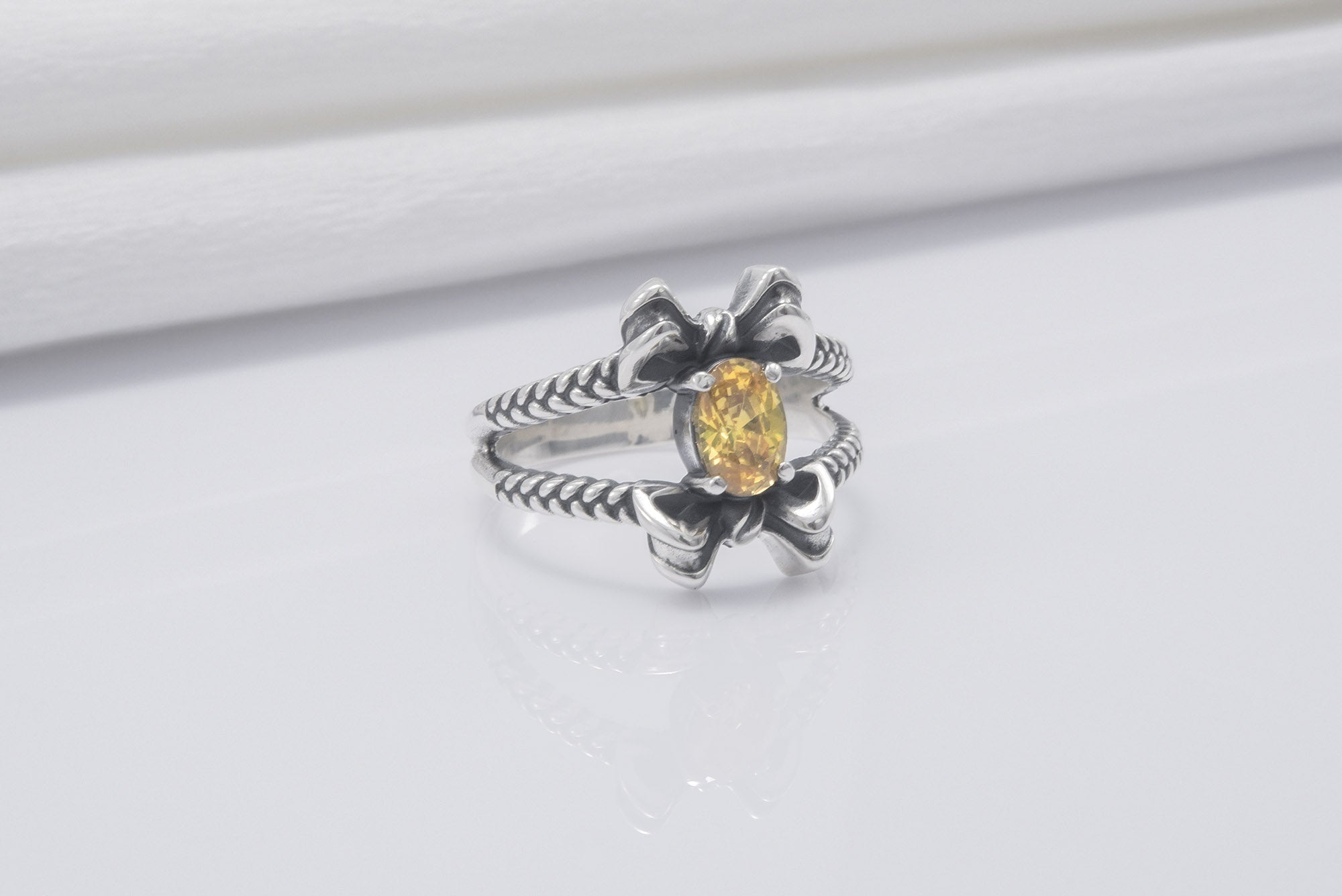 Unique Bow Sterling Silver Ring With Yellow Gem, Handmade Jewelry - vikingworkshop