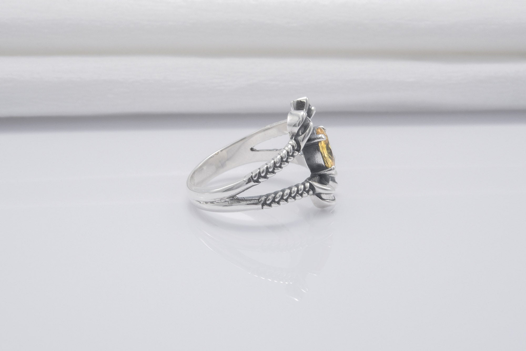 Unique Bow Sterling Silver Ring With Yellow Gem, Handmade Jewelry - vikingworkshop