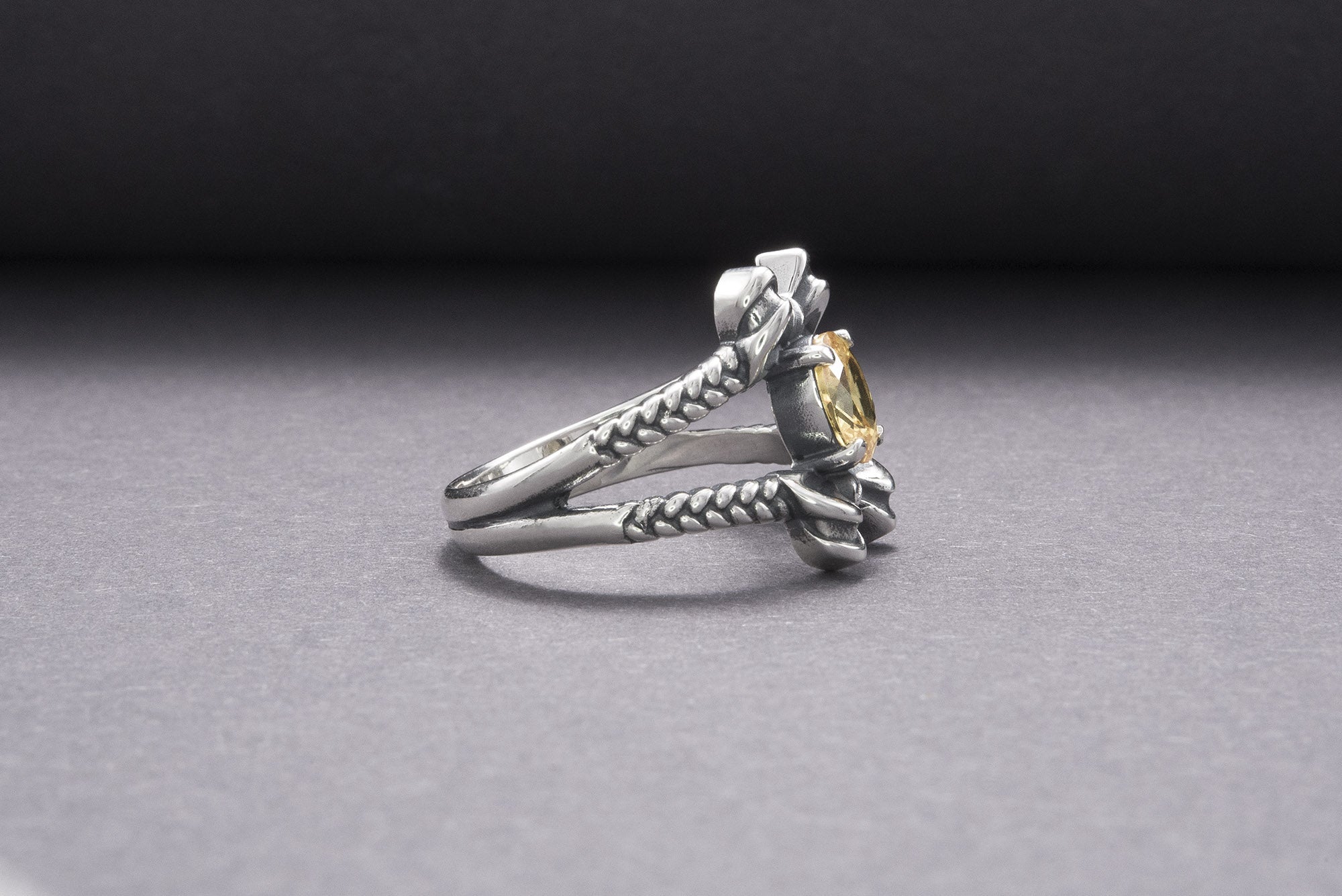 Unique Bow Sterling Silver Ring With Yellow Gem, Handmade Jewelry - vikingworkshop