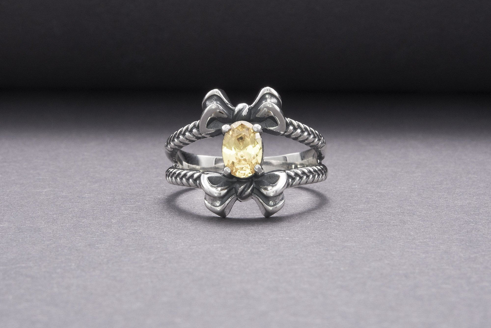 Unique Bow Sterling Silver Ring With Yellow Gem, Handmade Jewelry - vikingworkshop