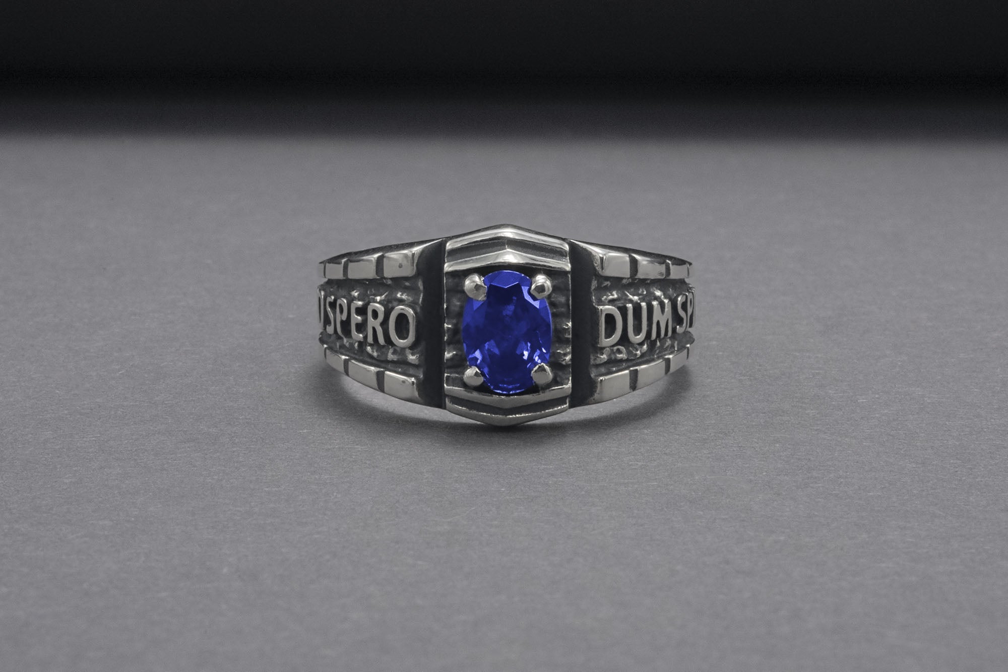 Dum Spiro Spero Ancient Sterling Ring With Blue Gem, Handmade Jewelry - vikingworkshop