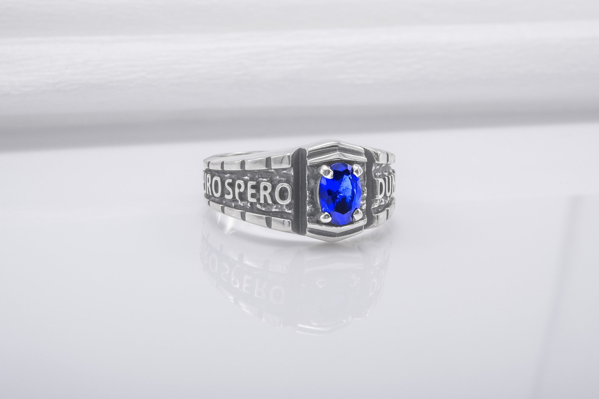 Dum Spiro Spero Ancient Sterling Ring With Blue Gem, Handmade Jewelry - vikingworkshop