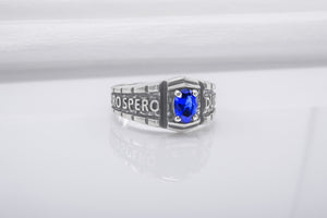 Dum Spiro Spero Ancient Sterling Ring With Blue Gem, Handmade Jewelry - vikingworkshop