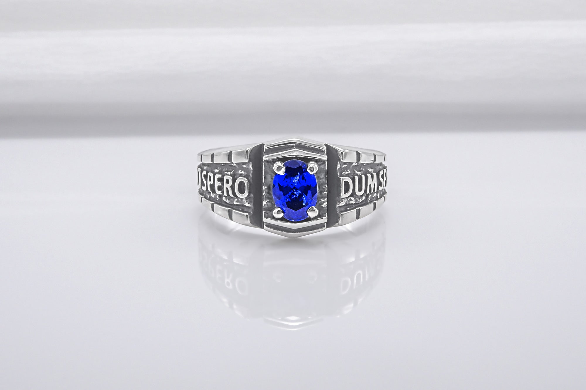 Dum Spiro Spero Ancient Sterling Ring With Blue Gem, Handmade Jewelry - vikingworkshop