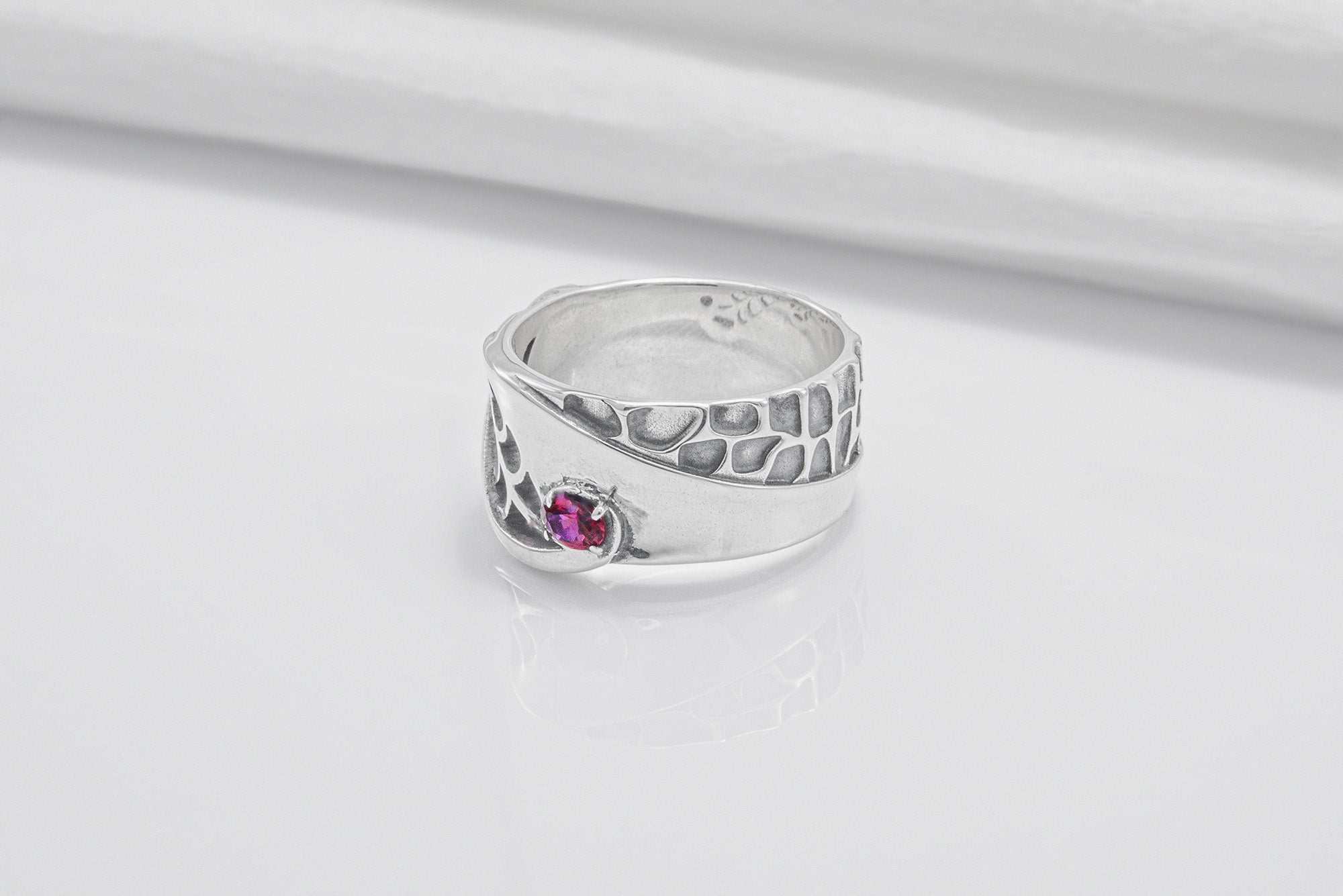 Unique Leaves Texture 925 Silver Ring With Purple Gem, Handmade Jewelry - vikingworkshop