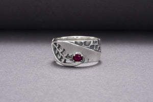 Unique Leaves Texture 925 Silver Ring With Purple Gem, Handmade Jewelry - vikingworkshop