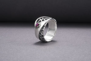 Unique Leaves Texture 925 Silver Ring With Purple Gem, Handmade Jewelry - vikingworkshop