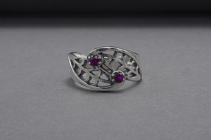 Unique Leaves Texture 925 Silver Ring With Purple Gems, Handmade Jewelry - vikingworkshop