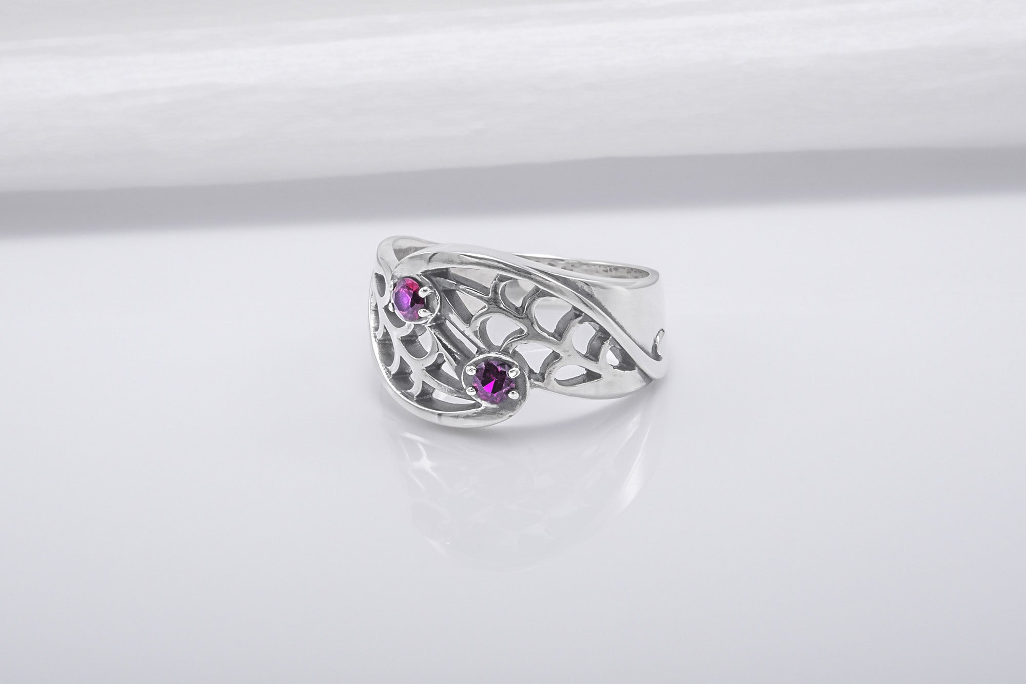 Unique Leaves Texture 925 Silver Ring With Purple Gems, Handmade Jewelry - vikingworkshop