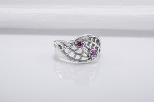 Unique Leaves Texture 925 Silver Ring With Purple Gems, Handmade Jewelry - vikingworkshop