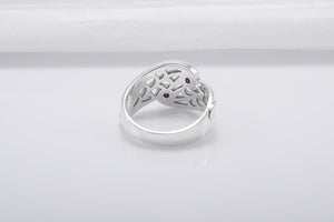 Unique Leaves Texture 925 Silver Ring With Purple Gems, Handmade Jewelry - vikingworkshop