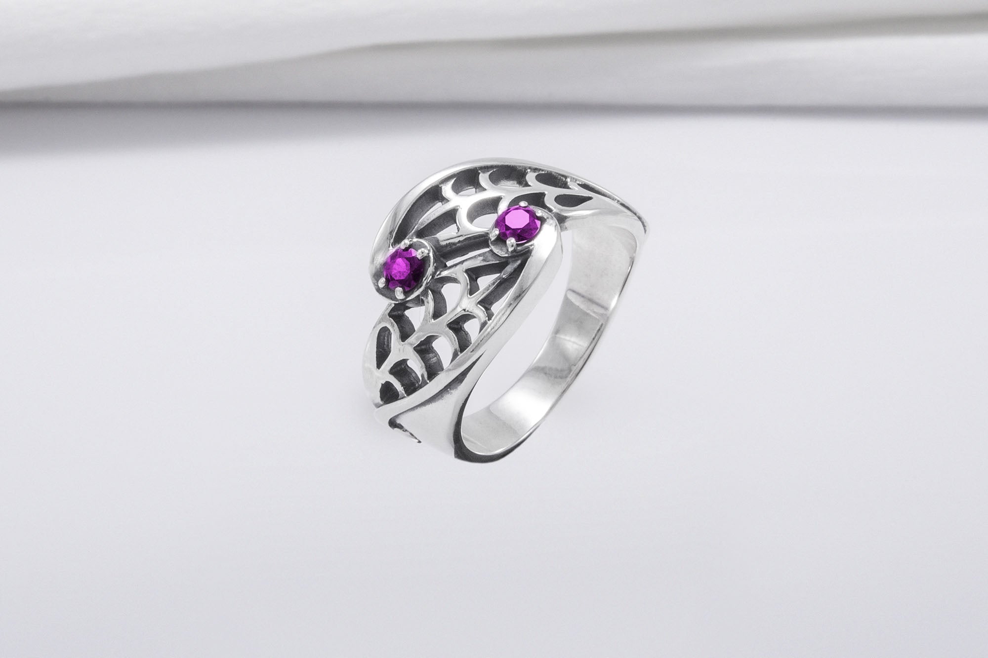 Unique Leaves Texture 925 Silver Ring With Purple Gems, Handmade Jewelry - vikingworkshop