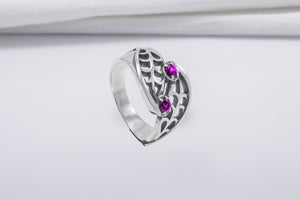 Unique Leaves Texture 925 Silver Ring With Purple Gems, Handmade Jewelry - vikingworkshop