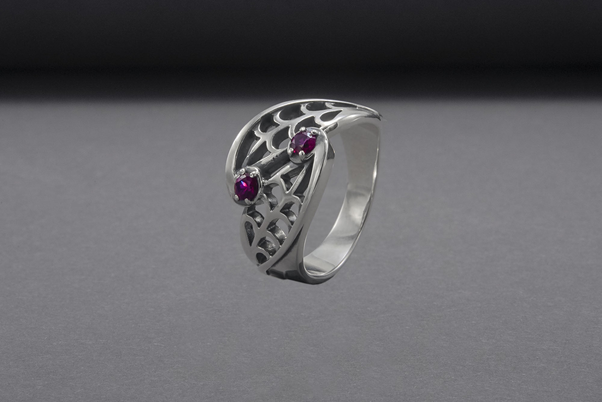 Unique Leaves Texture 925 Silver Ring With Purple Gems, Handmade Jewelry - vikingworkshop