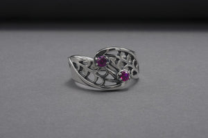 Unique Leaves Texture 925 Silver Ring With Purple Gems, Handmade Jewelry - vikingworkshop