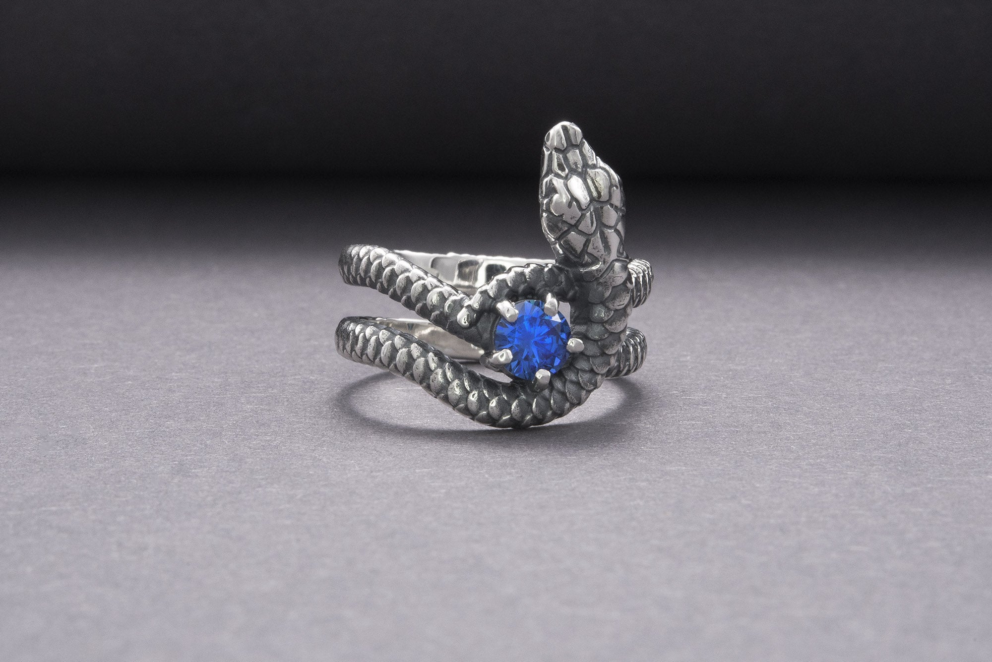 Snake Minimalistic 925 Silver Ring With Blue Gem, Handcrafted Jewelry - vikingworkshop