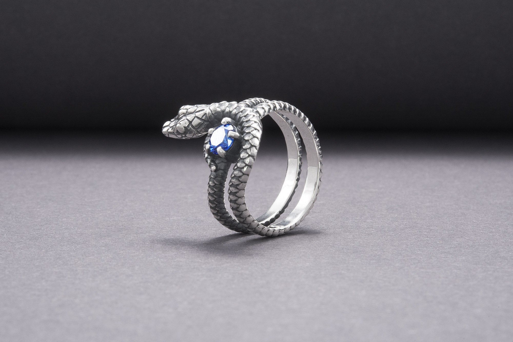 Snake Minimalistic 925 Silver Ring With Blue Gem, Handcrafted Jewelry - vikingworkshop