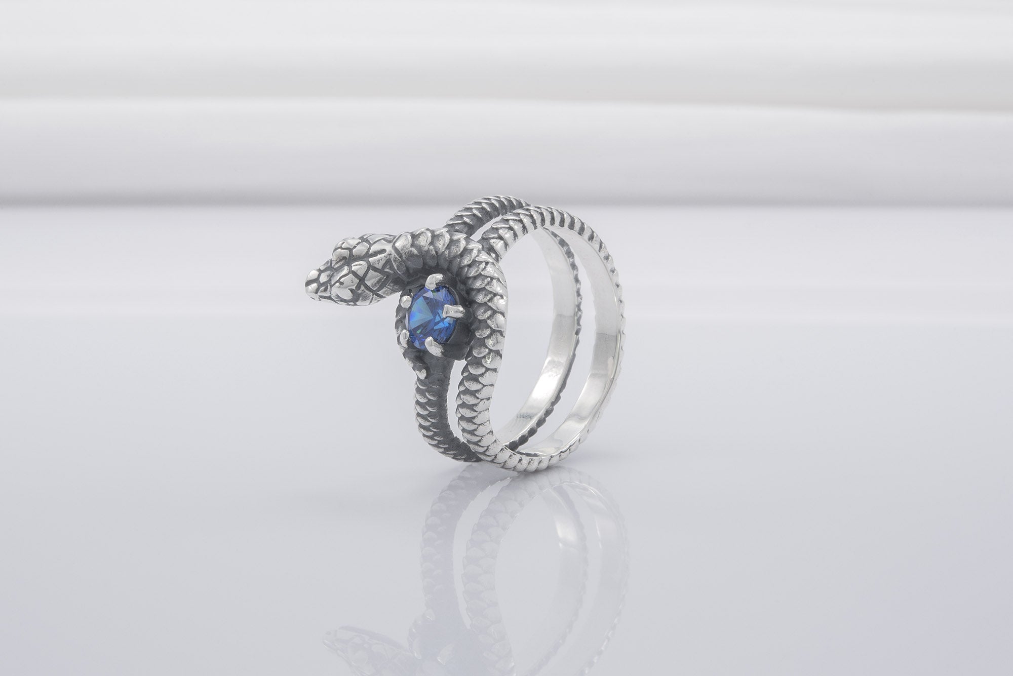 Snake Minimalistic 925 Silver Ring With Blue Gem, Handcrafted Jewelry - vikingworkshop