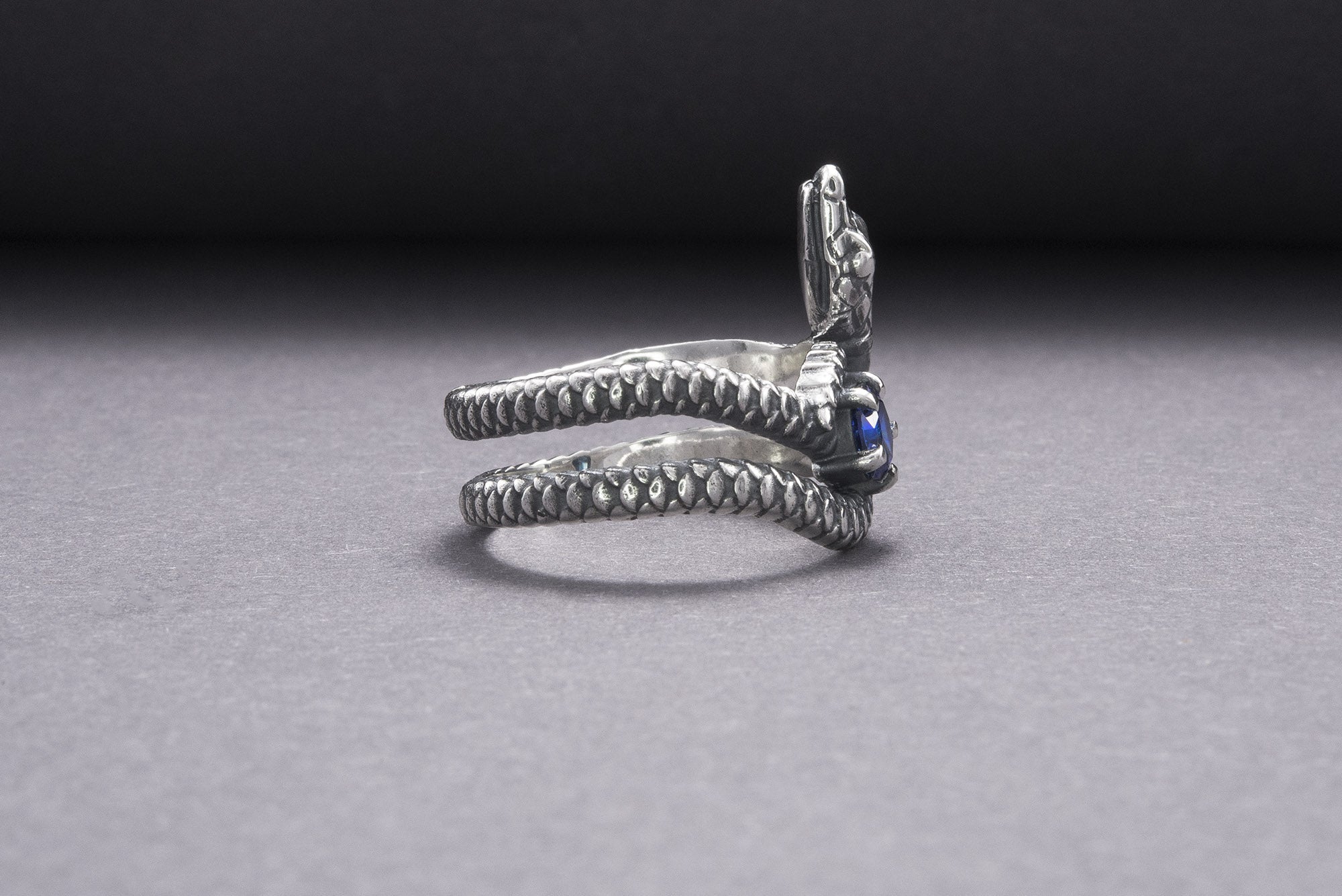 Snake Minimalistic 925 Silver Ring With Blue Gem, Handcrafted Jewelry - vikingworkshop