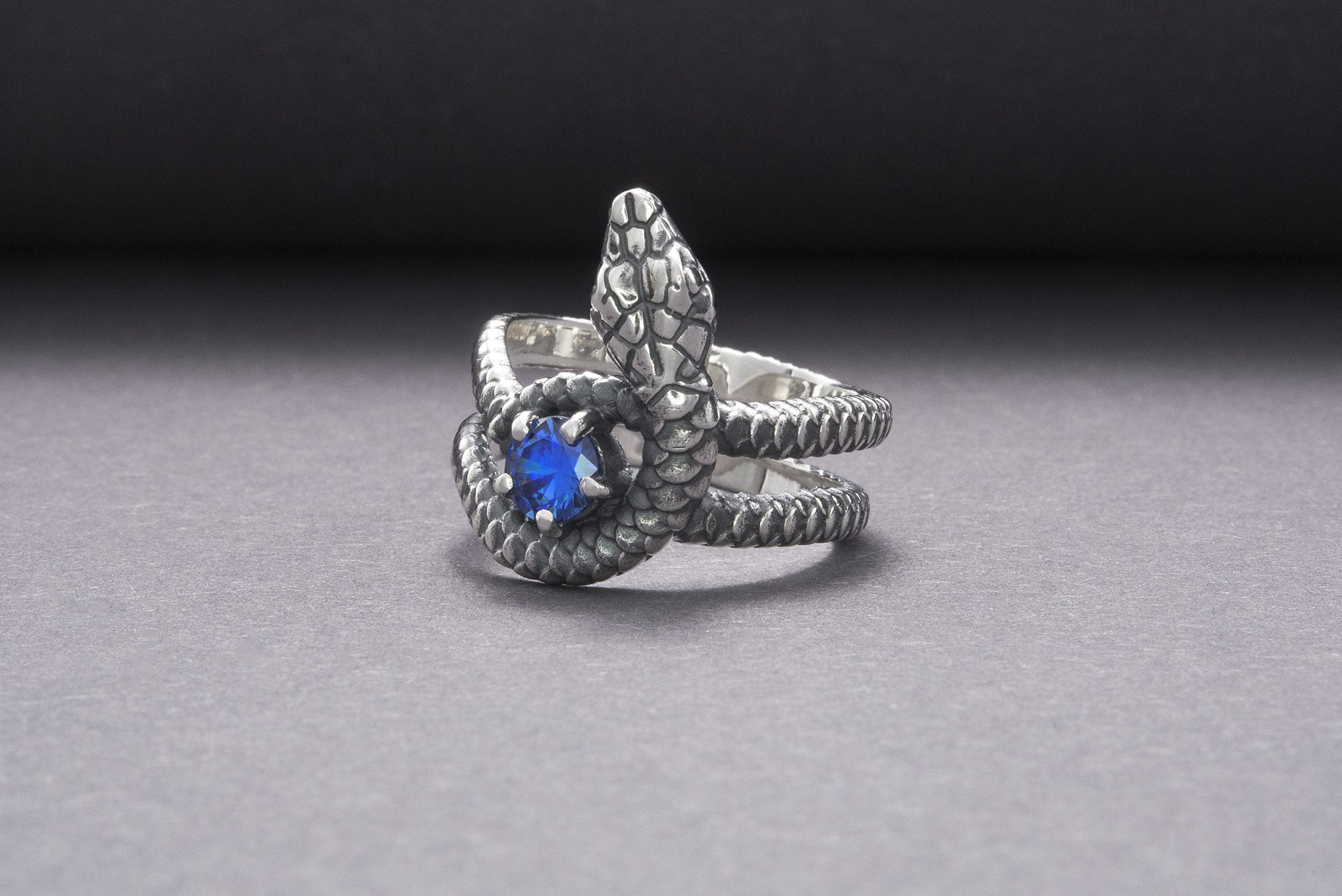 Snake Minimalistic 925 Silver Ring With Blue Gem, Handcrafted Jewelry - vikingworkshop