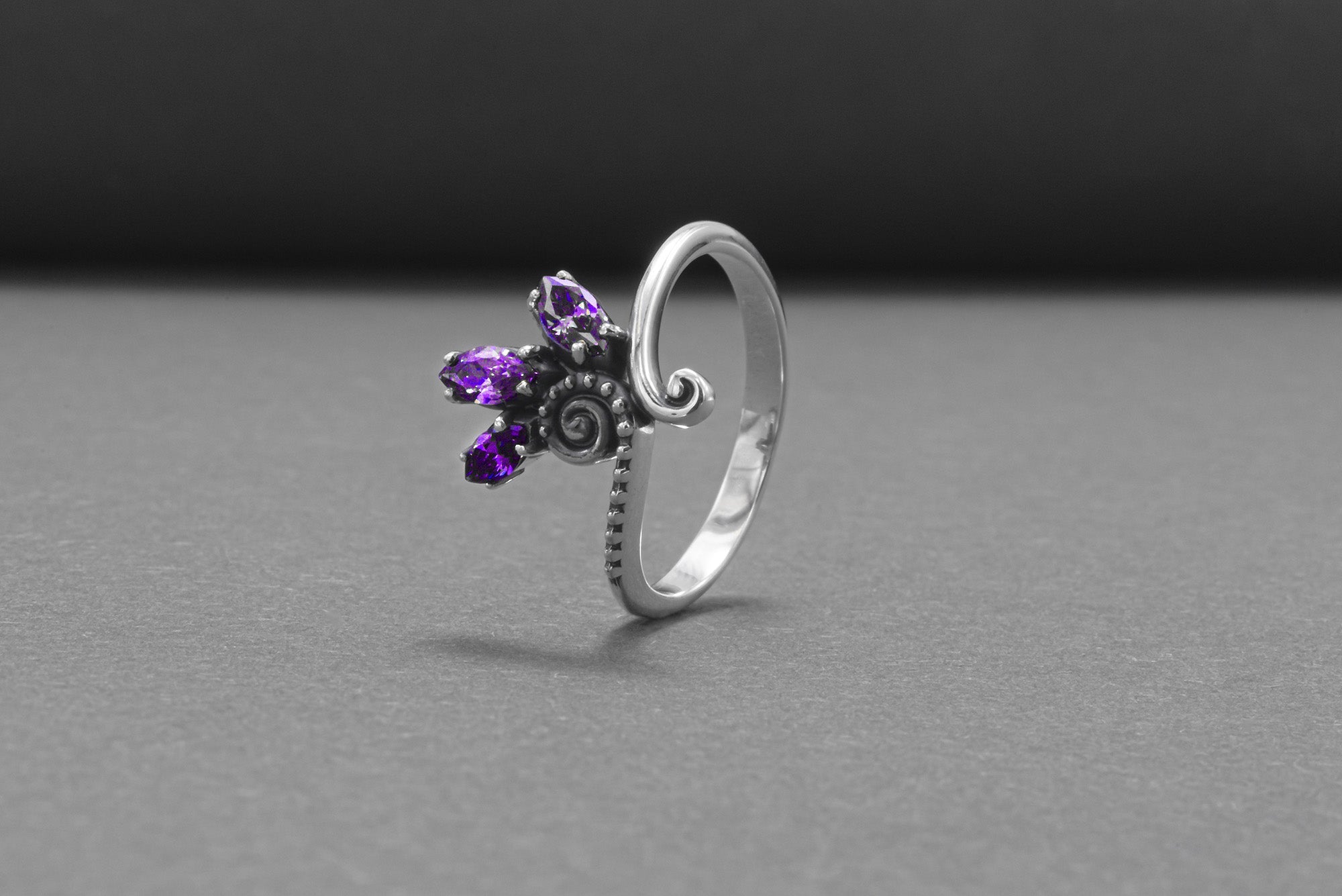 Unique 925 Silver Ring With Floral Ornament And Purple Gems, Handmade Jewelry - vikingworkshop