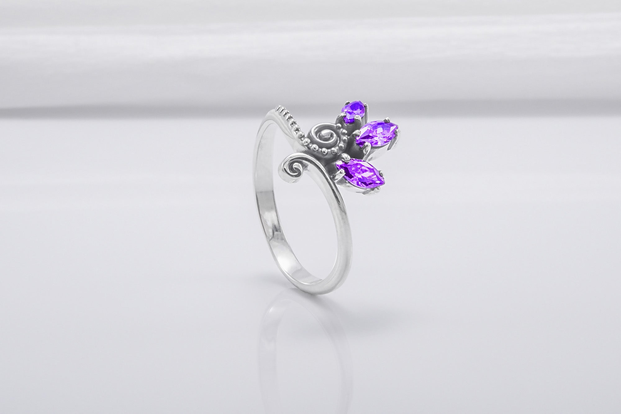 Unique 925 Silver Ring With Floral Ornament And Purple Gems, Handmade Jewelry - vikingworkshop