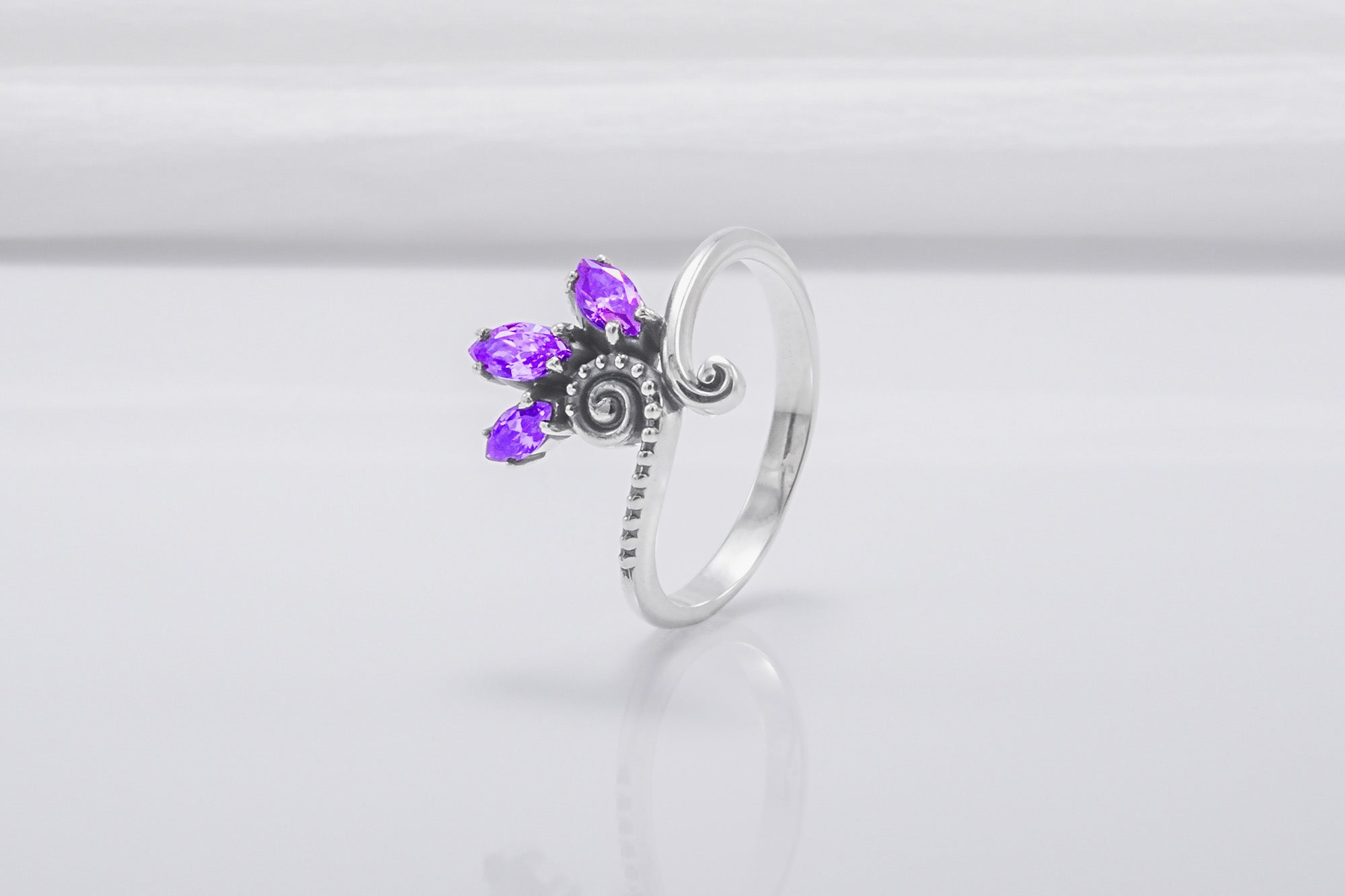 Unique 925 Silver Ring With Floral Ornament And Purple Gems, Handmade Jewelry - vikingworkshop