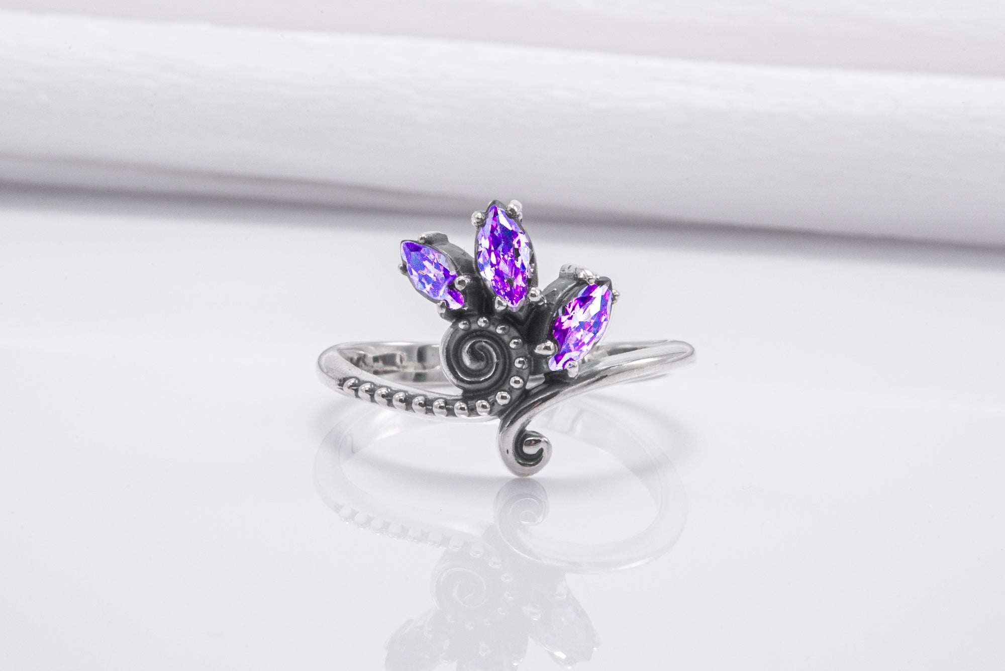 Unique 925 Silver Ring With Floral Ornament And Purple Gems, Handmade Jewelry - vikingworkshop