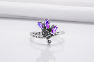 Unique 925 Silver Ring With Floral Ornament And Purple Gems, Handmade Jewelry - vikingworkshop