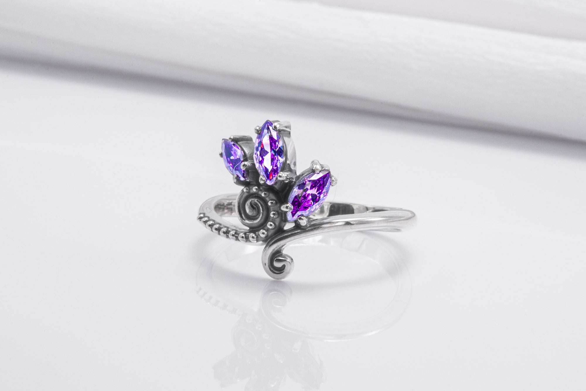 Unique 925 Silver Ring With Floral Ornament And Purple Gems, Handmade Jewelry - vikingworkshop