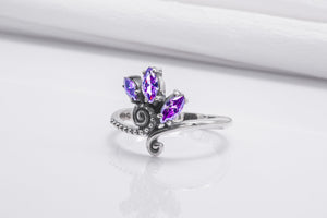 Unique 925 Silver Ring With Floral Ornament And Purple Gems, Handmade Jewelry - vikingworkshop