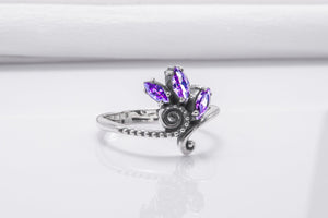 Unique 925 Silver Ring With Floral Ornament And Purple Gems, Handmade Jewelry - vikingworkshop