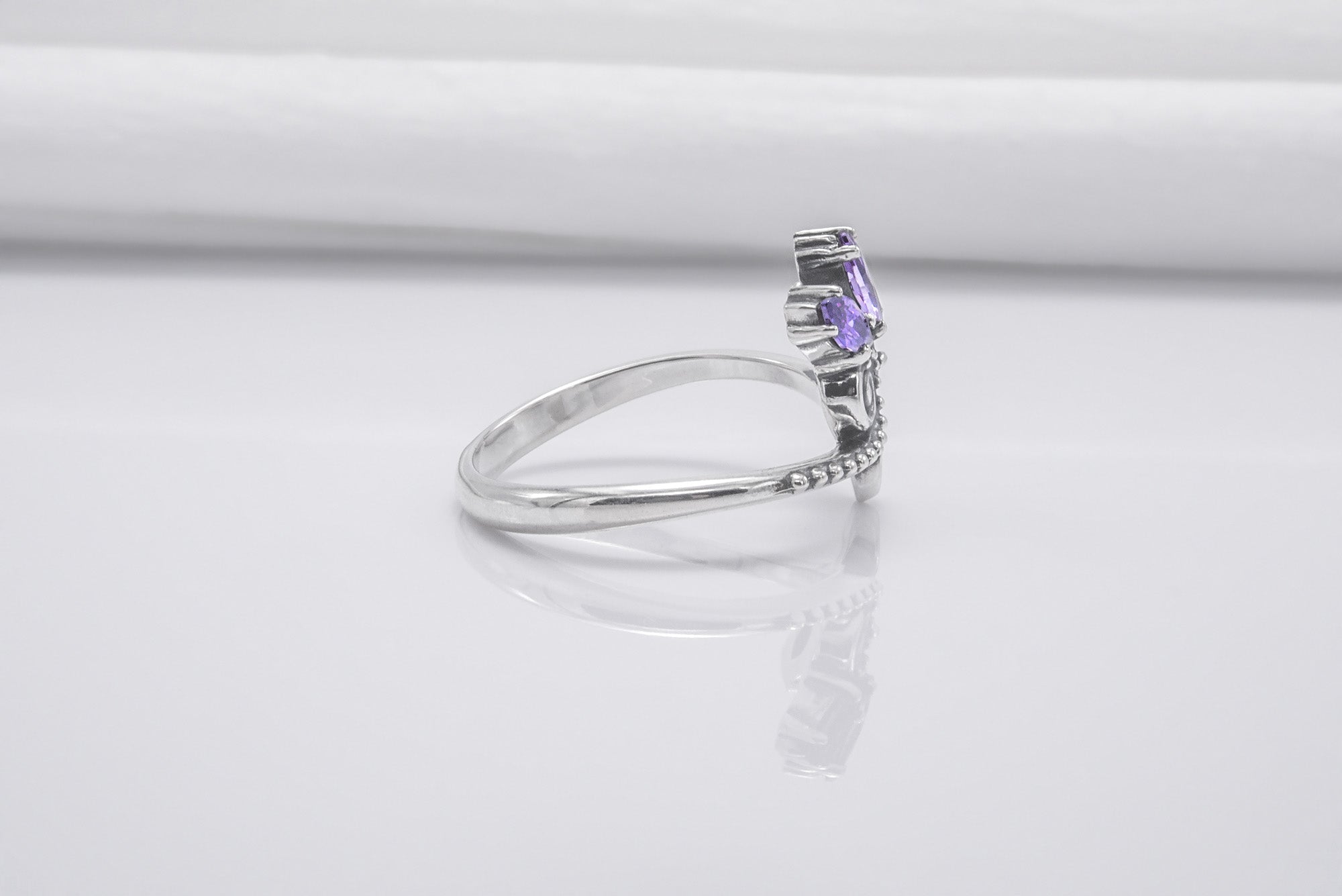 Unique 925 Silver Ring With Floral Ornament And Purple Gems, Handmade Jewelry - vikingworkshop