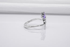 Unique 925 Silver Ring With Floral Ornament And Purple Gems, Handmade Jewelry - vikingworkshop