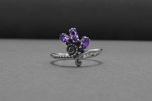 Unique 925 Silver Ring With Floral Ornament And Purple Gems, Handmade Jewelry - vikingworkshop