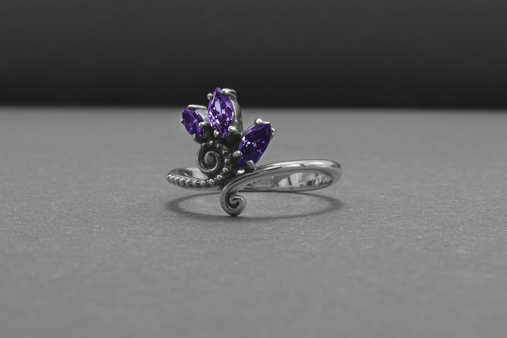 Unique 925 Silver Ring With Floral Ornament And Purple Gems, Handmade Jewelry - vikingworkshop