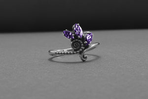 Unique 925 Silver Ring With Floral Ornament And Purple Gems, Handmade Jewelry - vikingworkshop