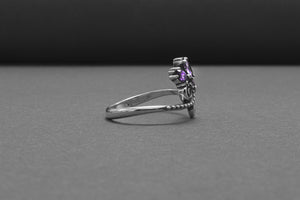 Unique 925 Silver Ring With Floral Ornament And Purple Gems, Handmade Jewelry - vikingworkshop