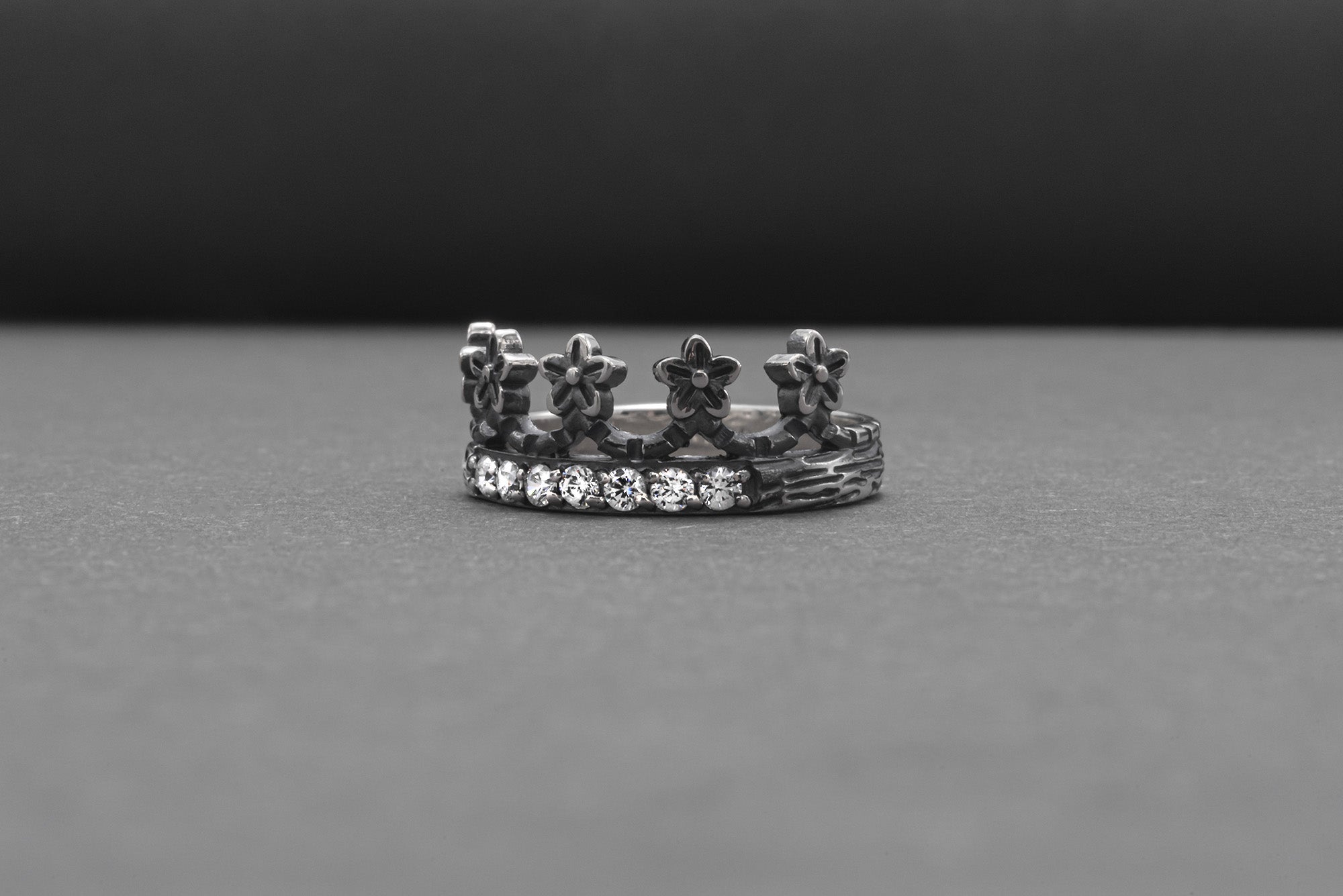 Fashion Sterling Ring With Floral Crown And Gems, Handmade Jewelry - vikingworkshop