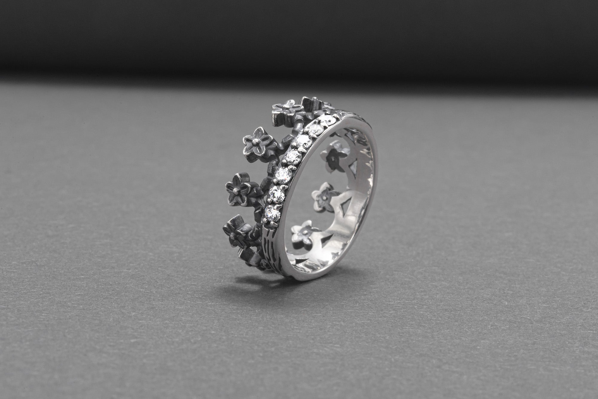 Modern Sterling Ring With Floral Crown And Gems, Handmade Jewelry - vikingworkshop