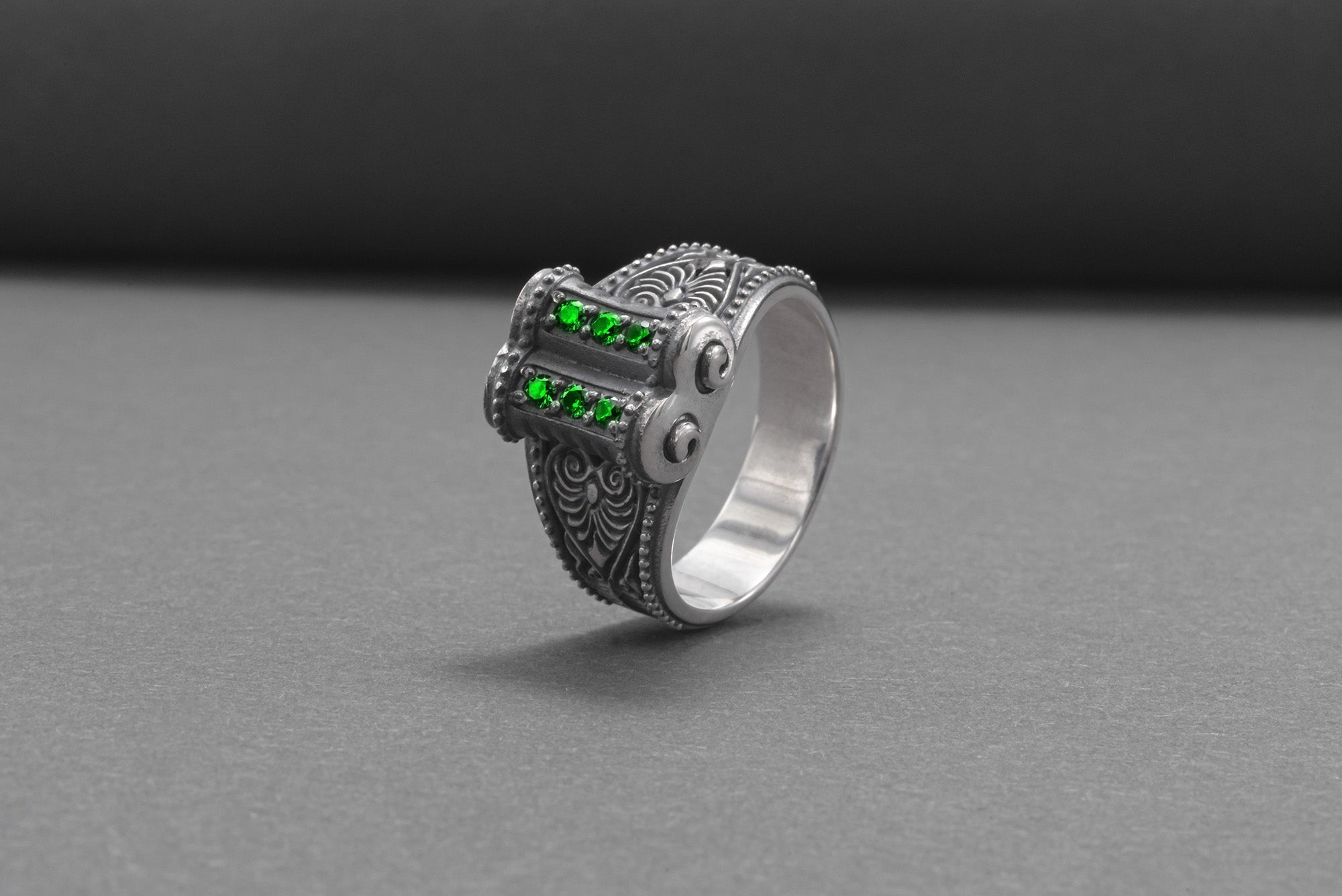 Unique 925 Silver Ring With Green Gems, Handcrafted Jewelry - vikingworkshop