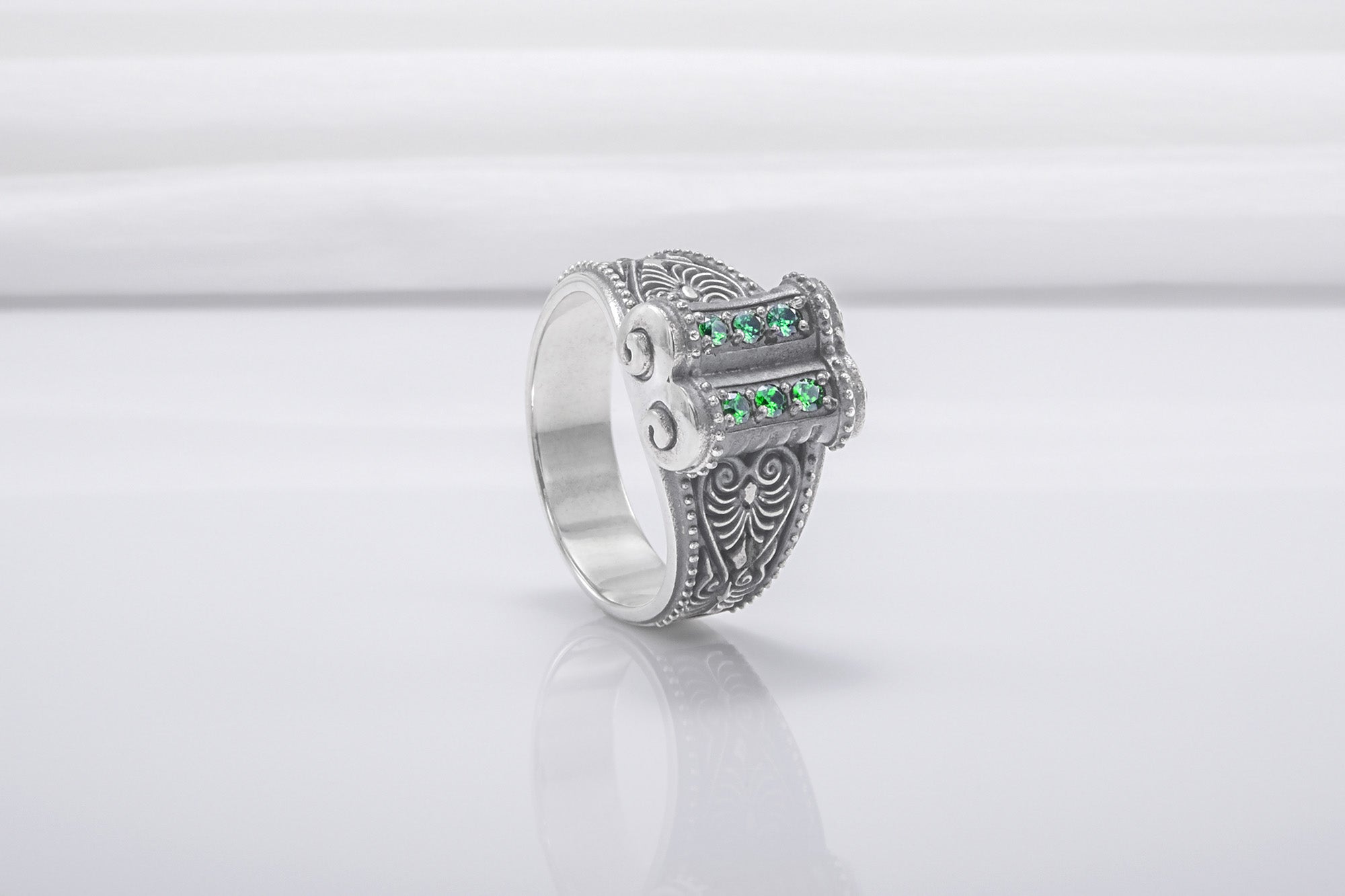 Unique 925 Silver Ring With Green Gems, Handcrafted Jewelry - vikingworkshop