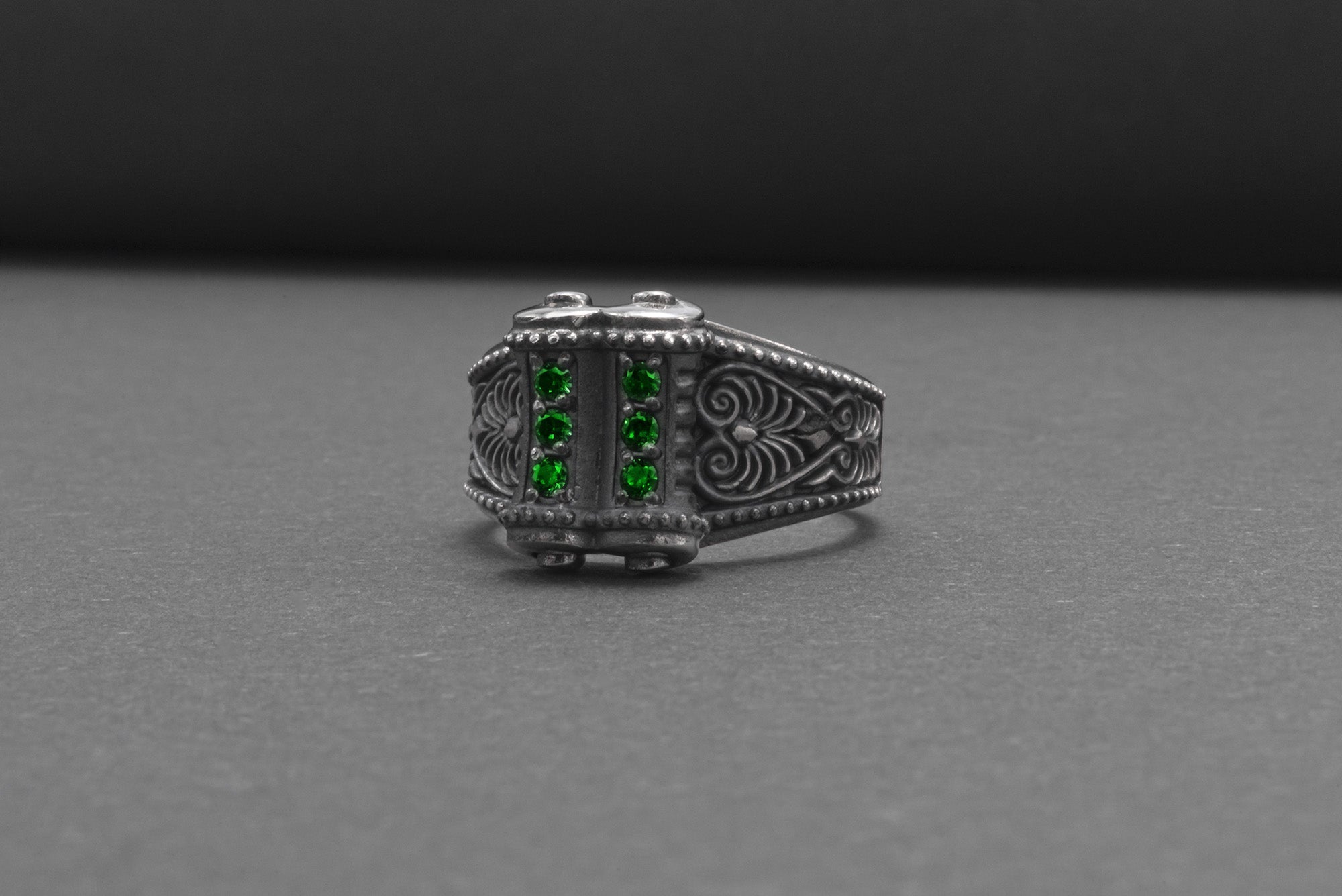 Unique 925 Silver Ring With Green Gems, Handcrafted Jewelry - vikingworkshop