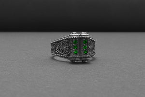 Unique 925 Silver Ring With Green Gems, Handcrafted Jewelry - vikingworkshop