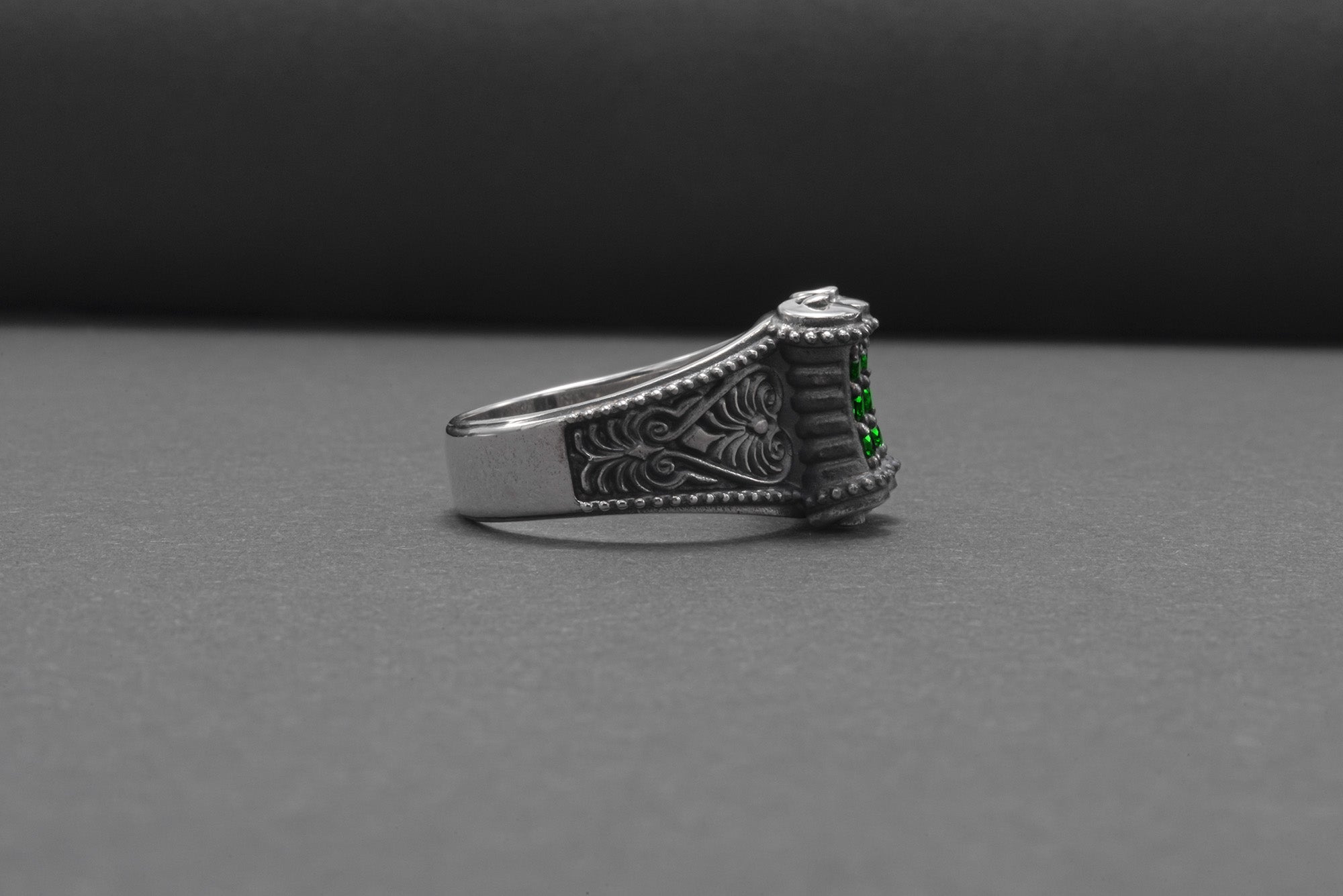 Unique 925 Silver Ring With Green Gems, Handcrafted Jewelry - vikingworkshop