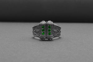 Unique 925 Silver Ring With Green Gems, Handcrafted Jewelry - vikingworkshop