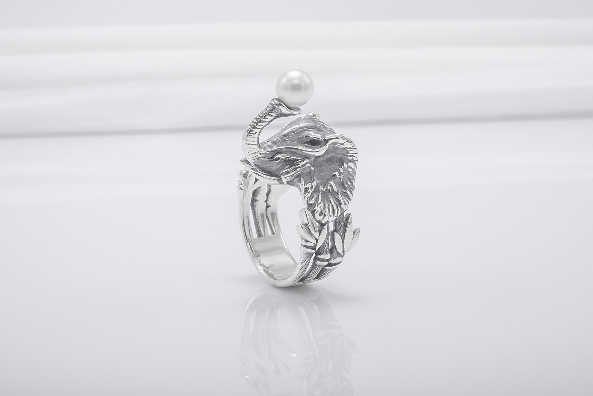 Unique 925 Silver Elephant Ring With Pearl, Handmade Jewelry - vikingworkshop