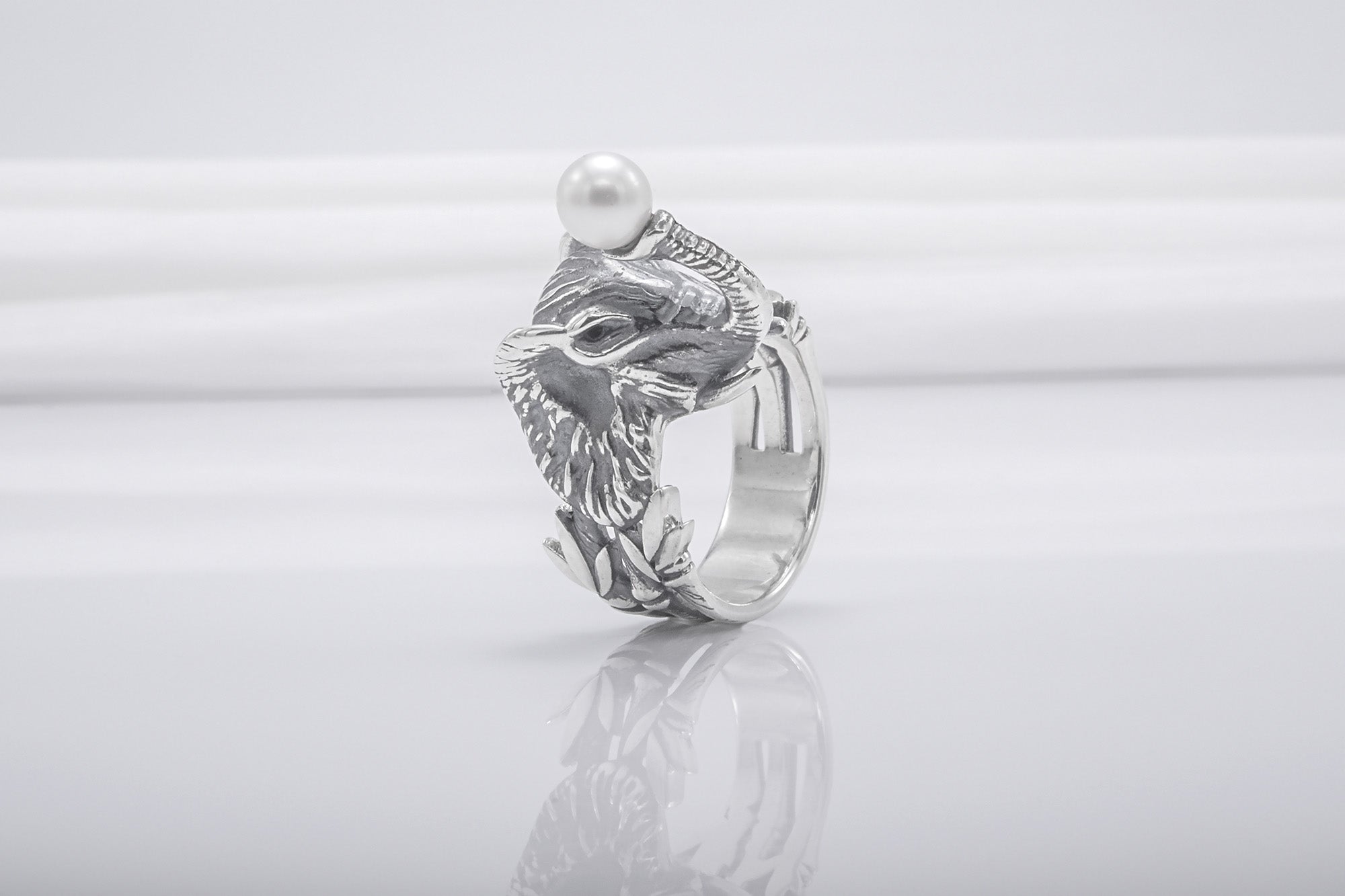 Unique 925 Silver Elephant Ring With Pearl, Handmade Jewelry - vikingworkshop