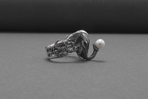 Unique 925 Silver Elephant Ring With Pearl, Handmade Jewelry - vikingworkshop